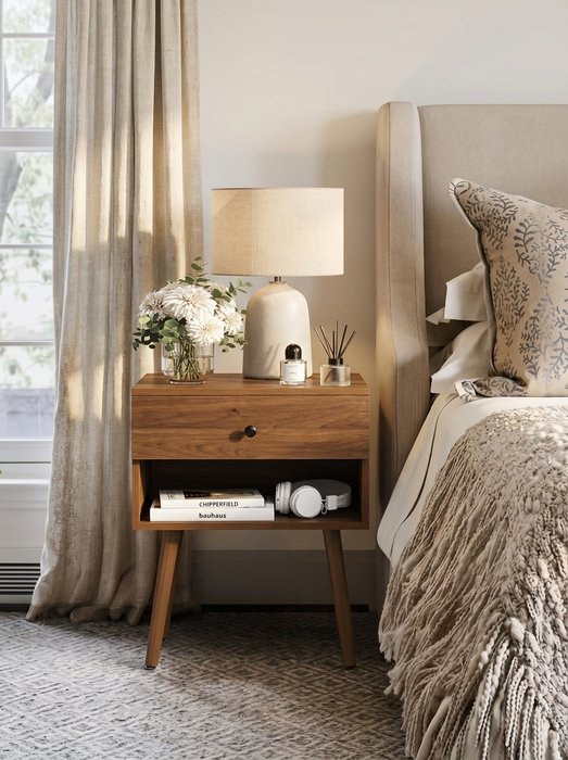 Hallvard - Mid Century Modern Nightstand Walnut Solid Wood Nightstand Small Bedside Table
