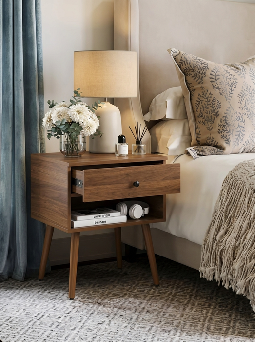 Hallvard - Mid Century Modern Nightstand Walnut Solid Wood Nightstand Small Bedside Table
